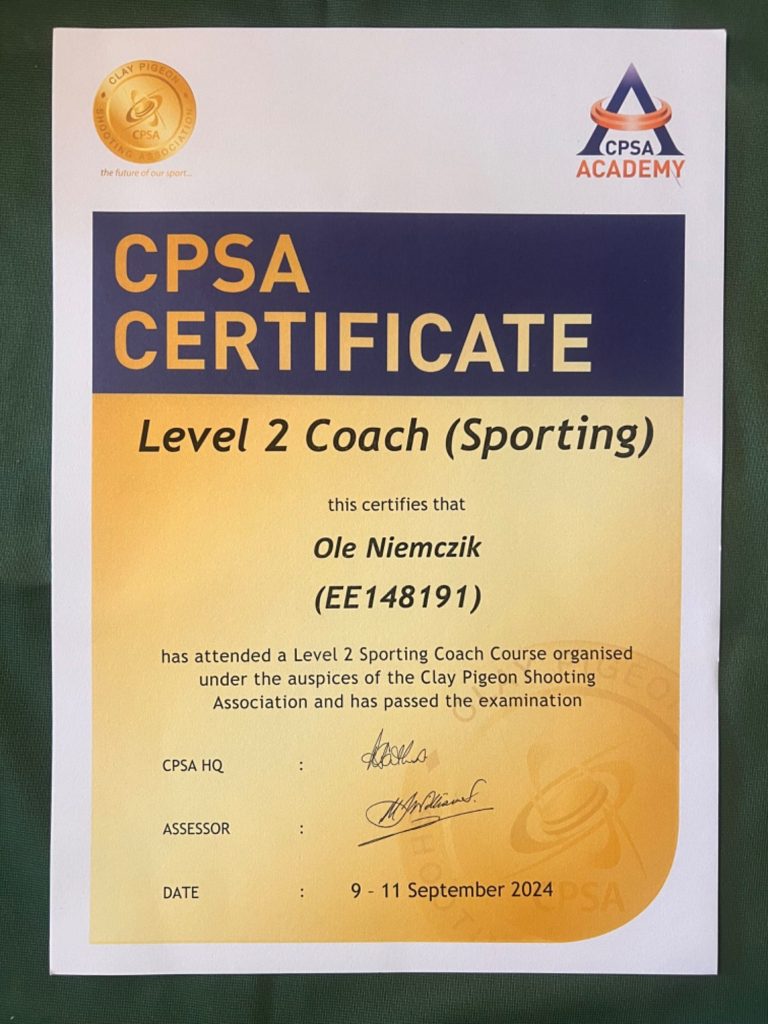 CPSA Level 2 Coach Zertifikat - Ole Niemczik CPSA Level 2 Coach (Sporting) Zertifikat von Ole Niemczik - Clay Pigeon Shooting Association